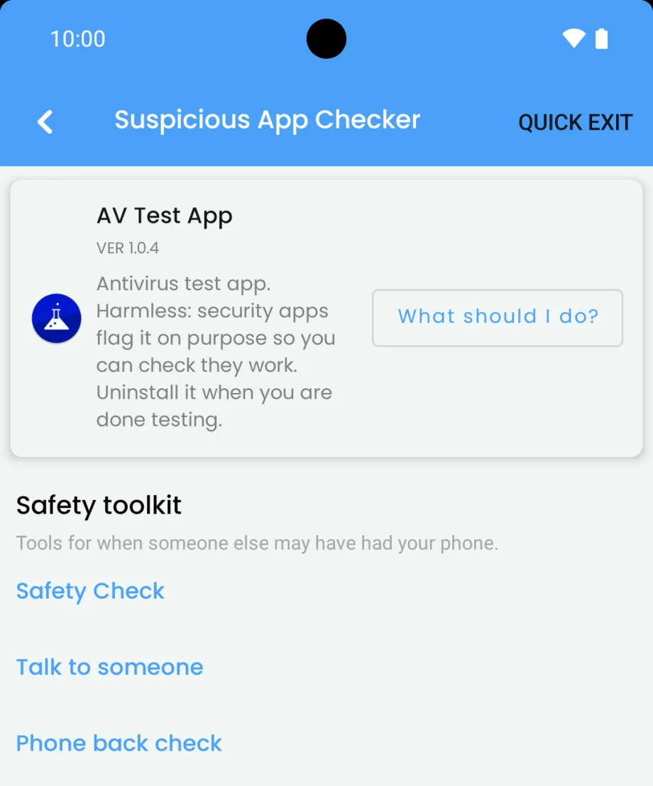 Applore: Safety & App Manager Applore's Suspicious App Checker with one harmless test app flagged and explained